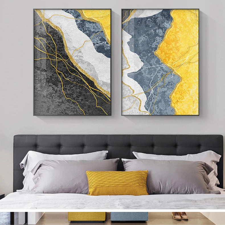 Moderne abstrakte Grautöne Blau Gelb Wandkunst Feine Kunst Leinwanddrucke Bilder für moderne Apartment-Wohnzimmer Leichte Luxus-Hausdekoration