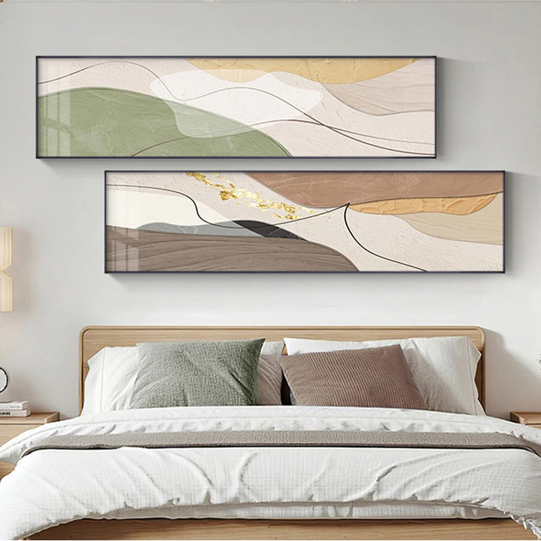 Moderne abstrakte Wandkunst im breiten Format Neutrale Farben Fließende Linien Fine Art Leinwanddrucke Bilder für über dem Sofa Kunst für über dem Bett | Karnz