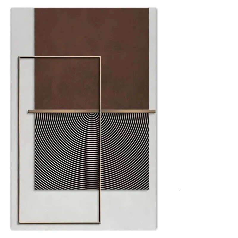 Moderne Geometrische Abstrakte Leinwanddrucke - Elegante Architektonische Wandkunst mit Kreisformen, Vertikalen Linien und Brauntönen, Terrakotta & Beige Goldfarbene Akzente
