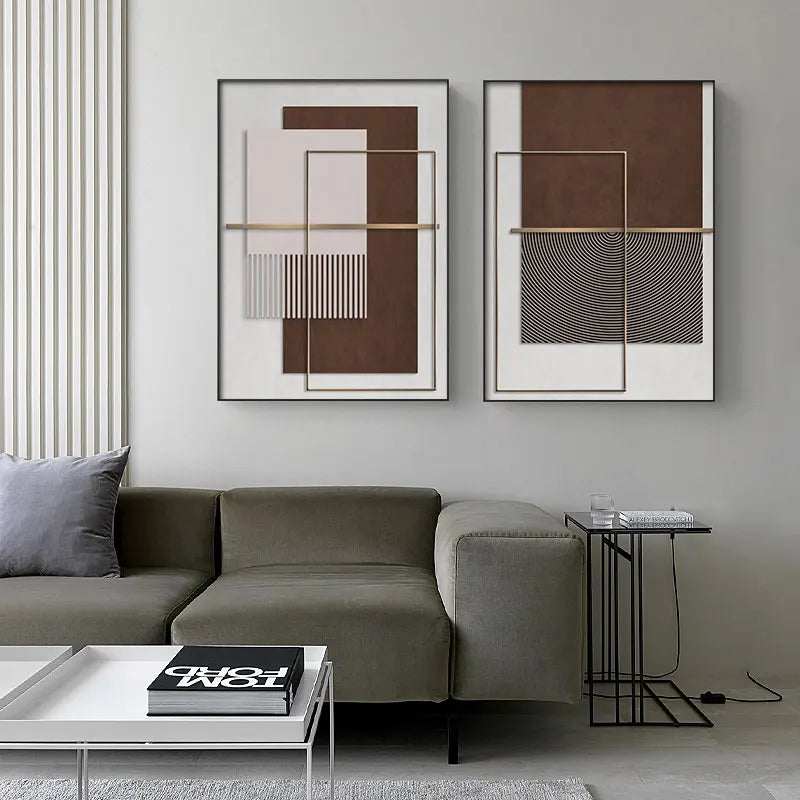 Moderne Geometrische Abstrakte Leinwanddrucke - Elegante Architektonische Wandkunst mit Kreisformen, Vertikalen Linien und Brauntönen, Terrakotta & Beige Goldfarbene Akzente