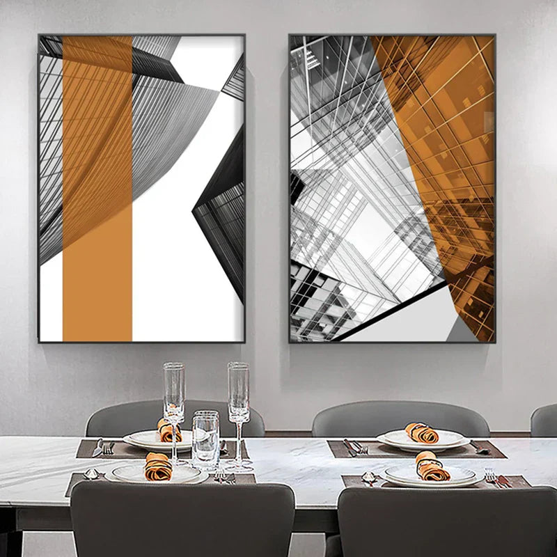 Moderne geometrische architektonische Wandkunst Fine Art Leinwanddrucke schwarze graue orange abstrakte Bilder für Wohnzimmer Studio Home Office Kunstdekoration