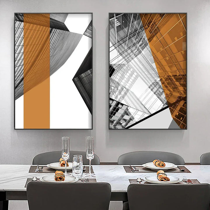 Moderne geometrische architektonische Wandkunst Fine Art Leinwanddrucke schwarze graue orange abstrakte Bilder für Wohnzimmer Studio Home Office Kunstdekoration