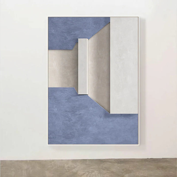 Moderne Minimalistische Abstrakte Geometrische Leinwanddruck Wandkunst - Dreidimensionales Design in Blau, Beige und Weiß - Zeitgenössische Wandkunst für Wohn- oder Bürodeko