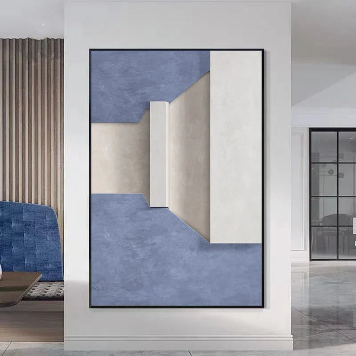 Moderne Minimalistische Abstrakte Geometrische Leinwanddruck Wandkunst - Dreidimensionales Design in Blau, Beige und Weiß - Zeitgenössische Wandkunst für Wohn- oder Bürodeko