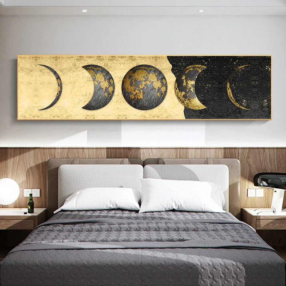 Modern Rustikal Goldene Mondphasen Wandkunst Fine Art Leinwanddrucke Breitformat Bilder Über dem Bett Breite Bilder Über dem Sofa
