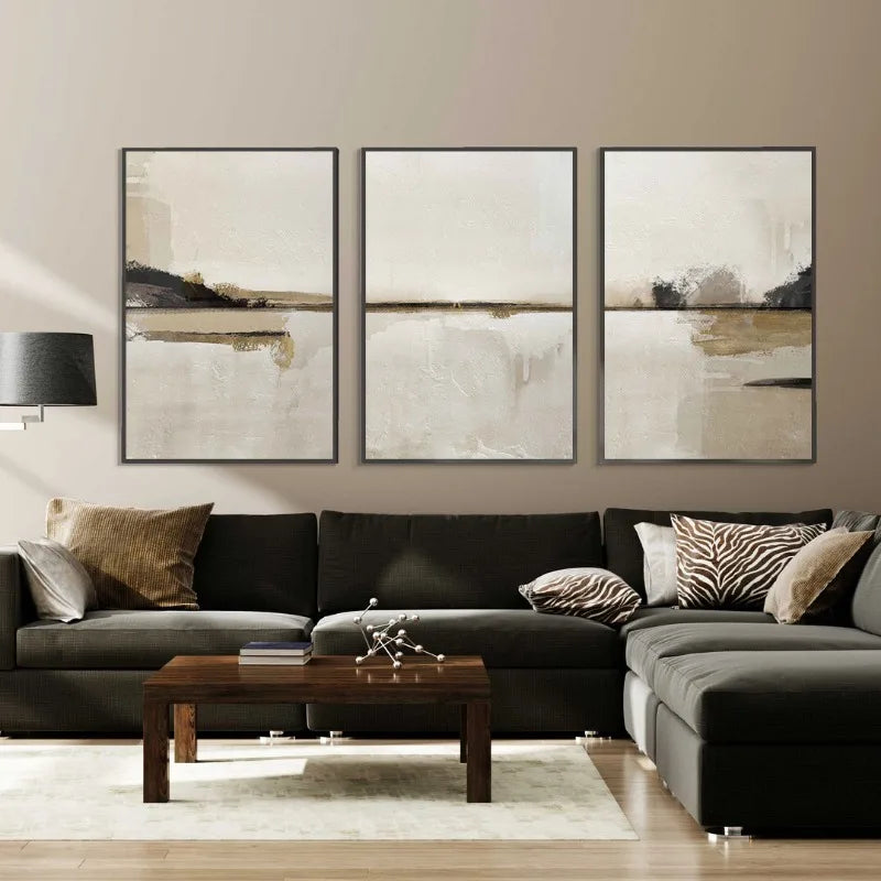 Minimalistische abstrakte Landschaftswandkunst neutrale Farben Fine Art Leinwanddrucke Beige/Schwarz Bilder für Wohnzimmer, Schlafzimmer, Kunst für zeitgenössische Innenräume | Karnz