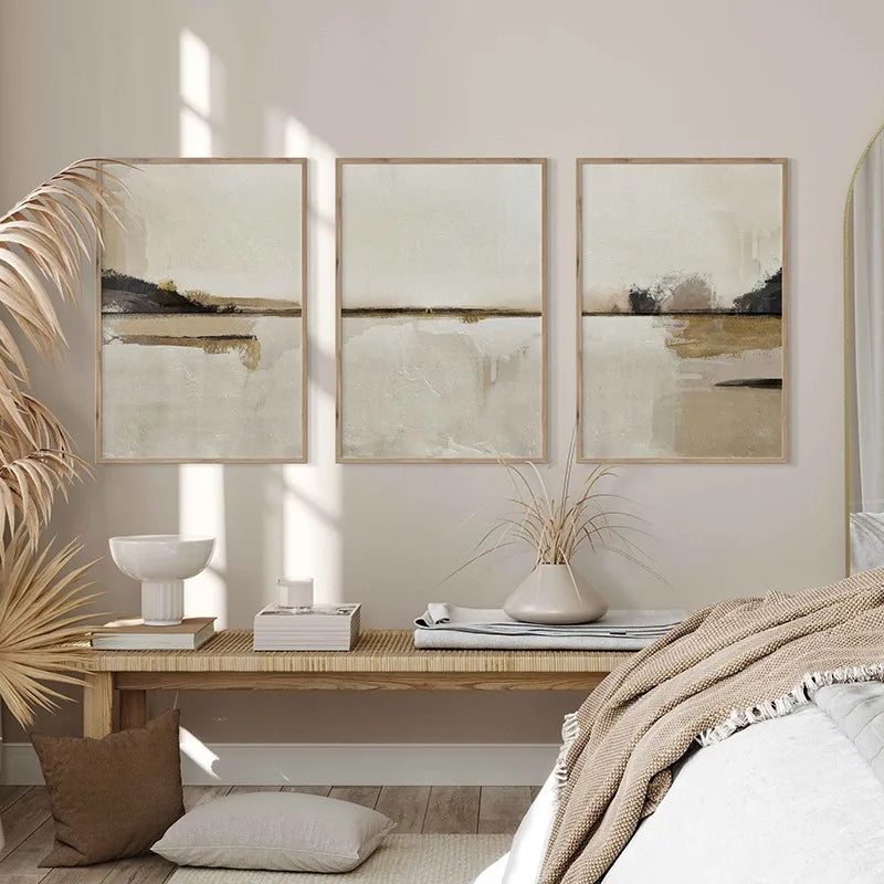 Minimalistische abstrakte Landschaft Wandkunst neutrale Farben Fine Art Leinwanddrucke Beige/Schwarz Bilder für Wohnzimmer, Schlafzimmer, Kunst für zeitgenössische Innenräume