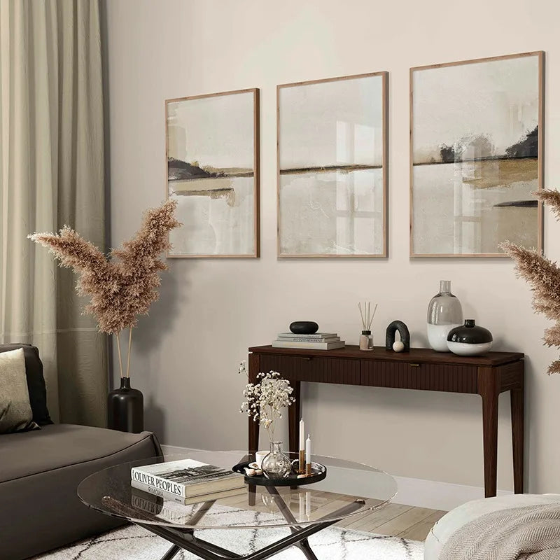 Minimalistische abstrakte Landschaftswandkunst neutrale Farben Fine Art Leinwanddrucke Beige/Schwarz Bilder für Wohnzimmer, Schlafzimmer, Kunst für zeitgenössische Innenräume | Karnz