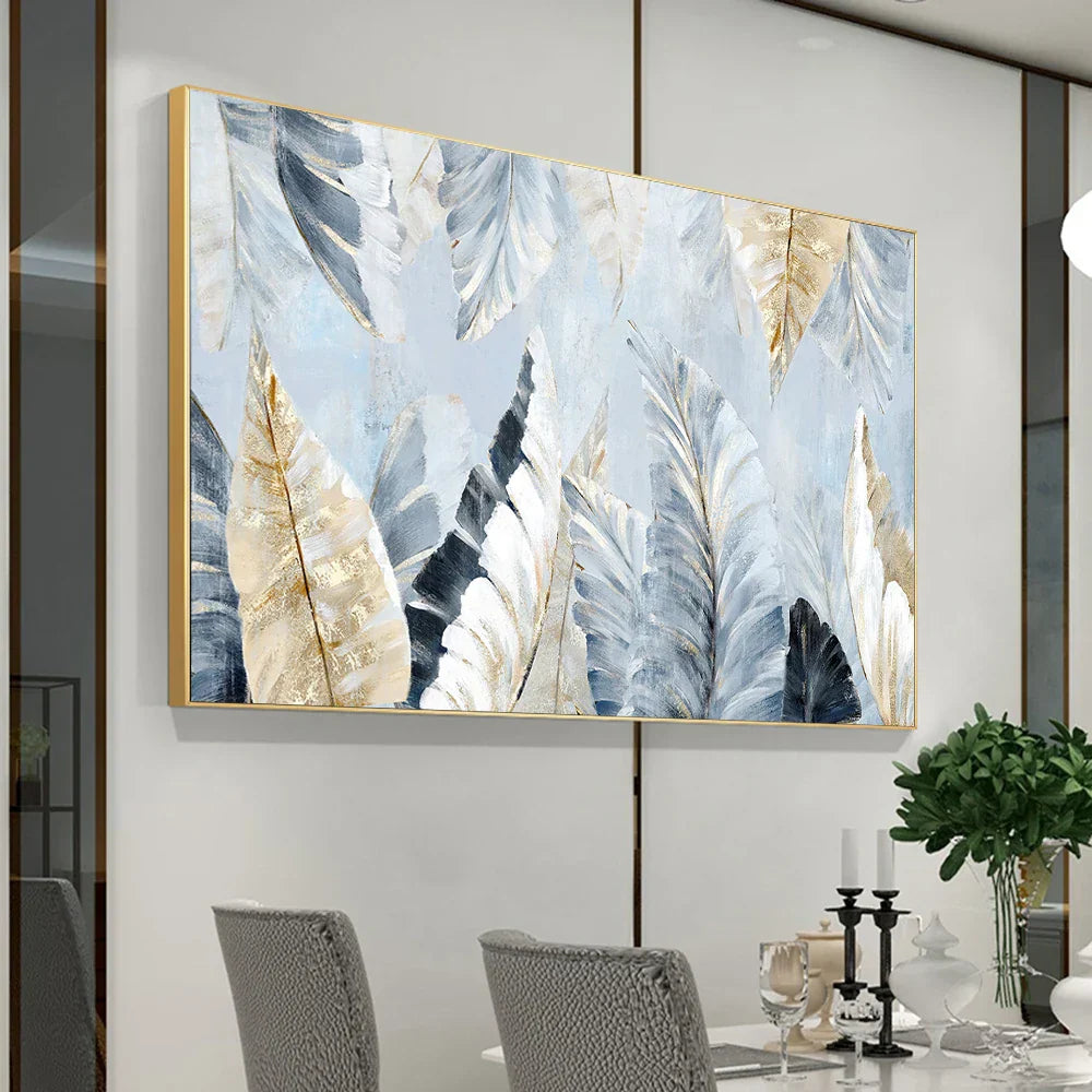 Nordic Abstract Blaue Goldene Palmblätter & Federn Wandkunst Fine Art Leinwanddrucke Moderne Abstrakte Botanische Bilder Für Wohnzimmer Schlafzimmer Kunst Dekor