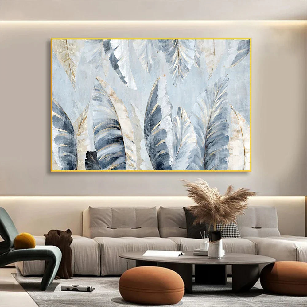 Nordic Abstract Blaue Goldene Palmblätter & Federn Wandkunst Fine Art Leinwanddrucke Moderne Abstrakte Botanische Bilder Für Wohnzimmer Schlafzimmer Kunst Dekor