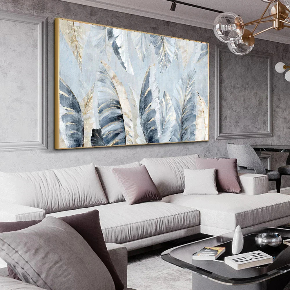 Nordic Abstract Blaue Goldene Palmblätter & Federn Wandkunst Fine Art Leinwanddrucke Moderne Abstrakte Botanische Bilder Für Wohnzimmer Schlafzimmer Kunst Dekor