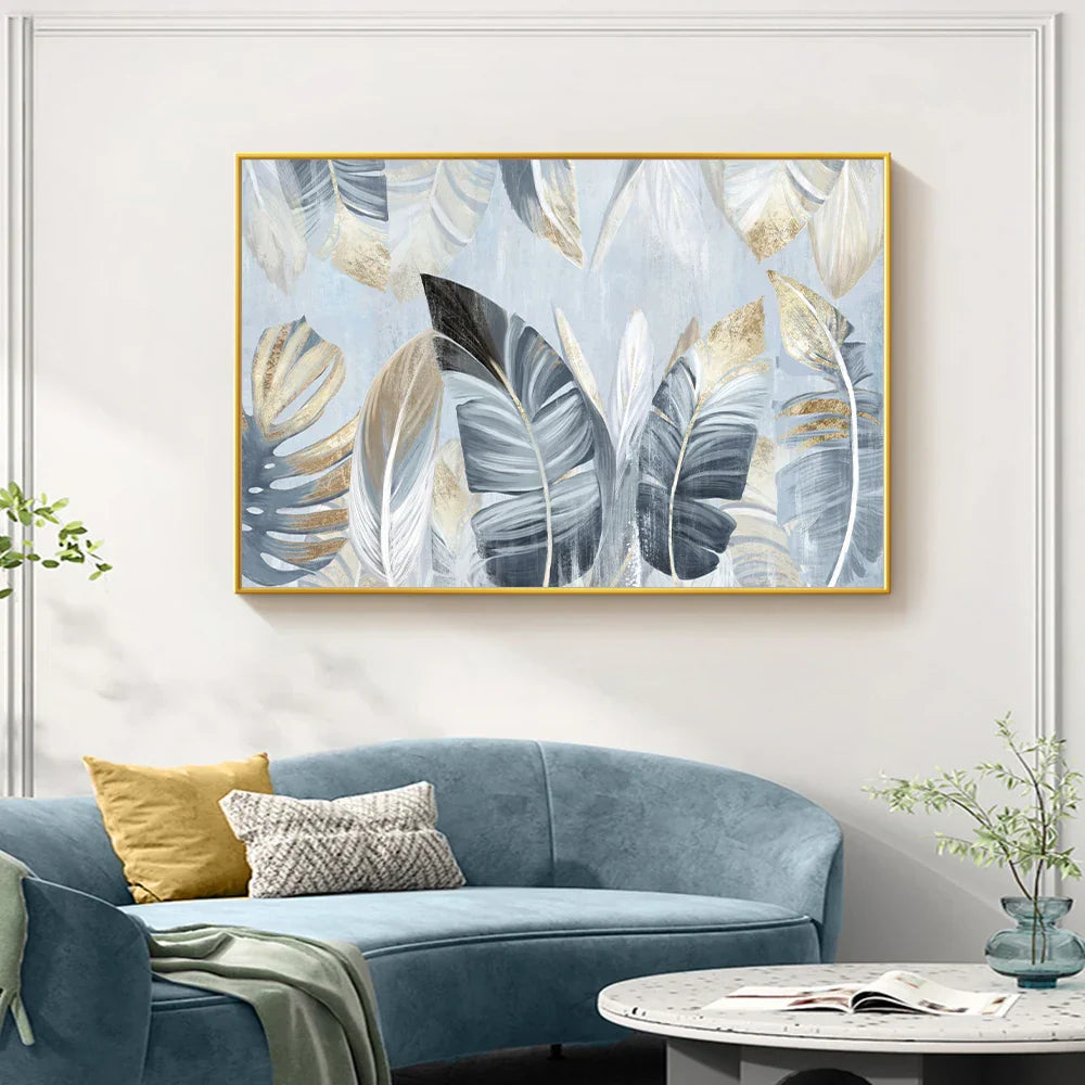 Nordic Abstract Blaue Goldene Palmblätter & Federn Wandkunst Fine Art Leinwanddrucke Moderne Abstrakte Botanische Bilder Für Wohnzimmer Schlafzimmer Kunst Dekor