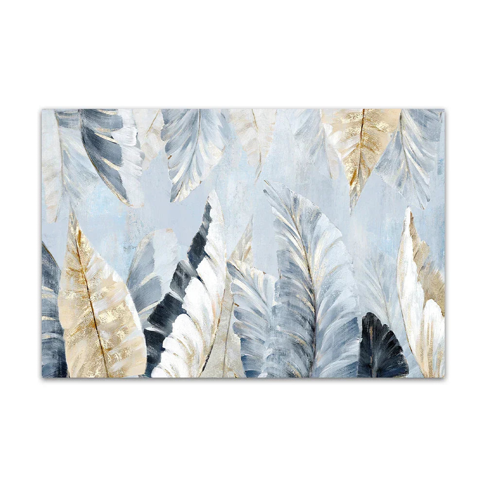 Nordic Abstract Blaue Goldene Palmblätter & Federn Wandkunst Fine Art Leinwanddrucke Moderne Abstrakte Botanische Bilder Für Wohnzimmer Schlafzimmer Kunst Dekor