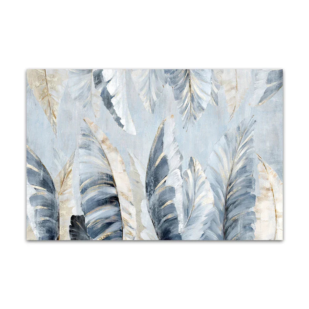 Nordic Abstract Blaue Goldene Palmblätter & Federn Wandkunst Fine Art Leinwanddrucke Moderne Abstrakte Botanische Bilder Für Wohnzimmer Schlafzimmer Kunst Dekor