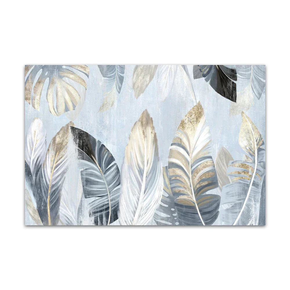 Nordic Abstract Blaue Goldene Palmblätter & Federn Wandkunst Fine Art Leinwanddrucke Moderne Abstrakte Botanische Bilder Für Wohnzimmer Schlafzimmer Kunst Dekor