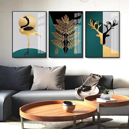 Nordic Abstract Golden Fern Deer Flamingo Wandkunst Fine Art Leinwanddrucke Bilder Für Modernes Apartment Wohnzimmer Esszimmer Kunst Dekor