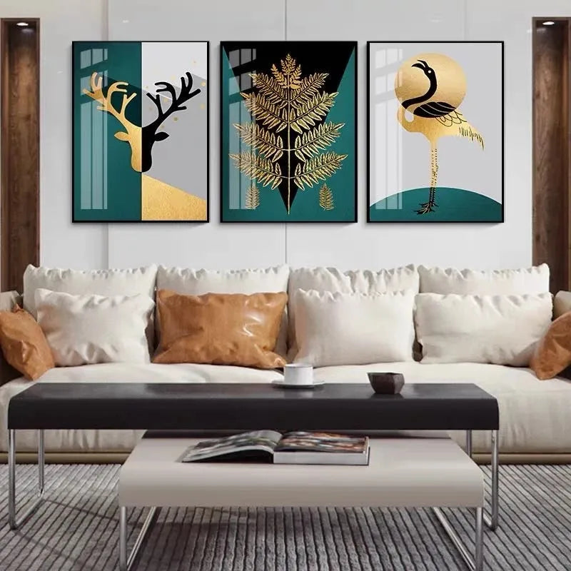 Nordic Abstract Golden Fern Deer Flamingo Wandkunst Fine Art Leinwanddrucke Bilder Für Modernes Apartment Wohnzimmer Esszimmer Kunst Dekor