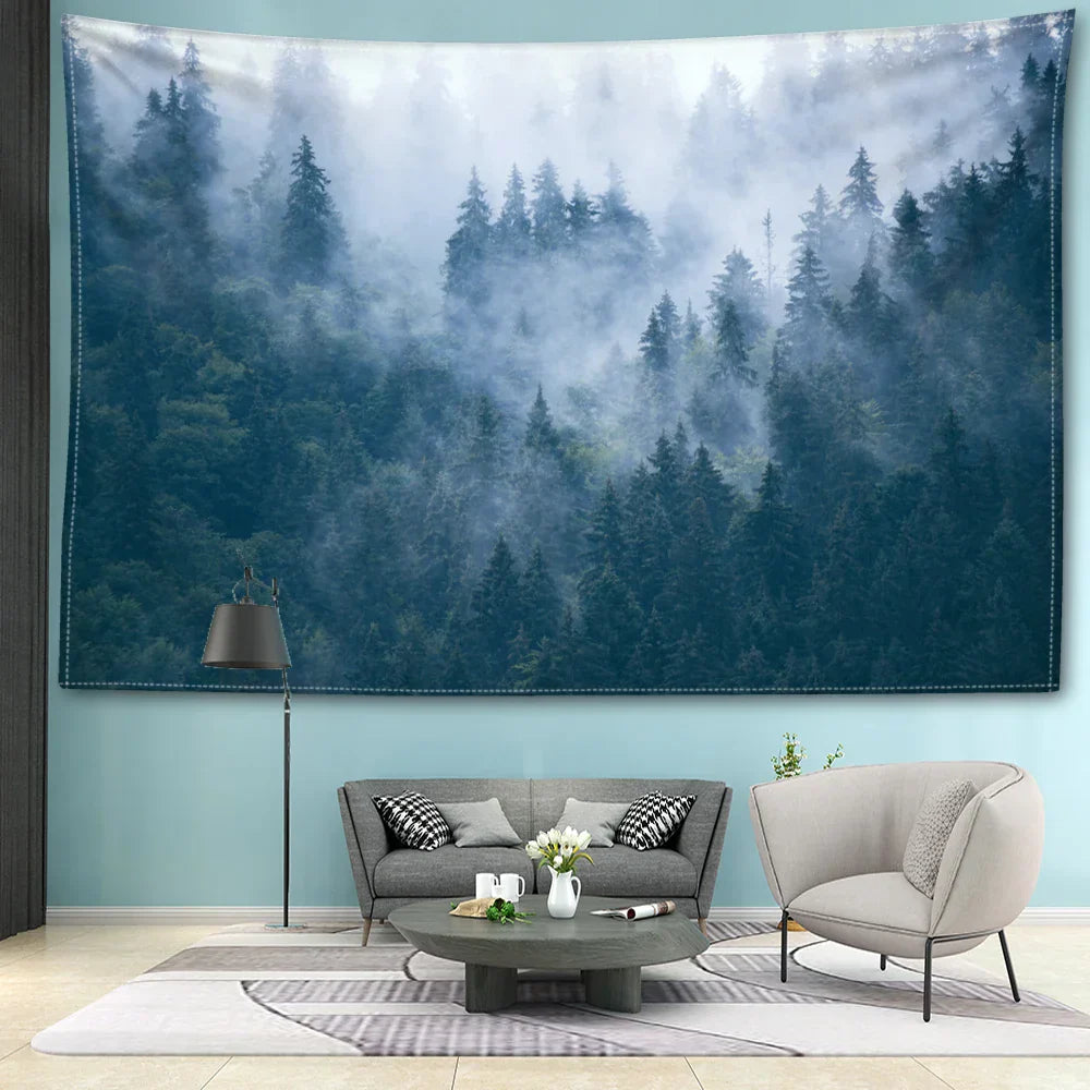 Nordic Hängender Wandteppich Dekoration 100% Polyester Gedruckte Nebelwald Landschaft Wandteppiche Inspirierende Bilder der Ruhe für Wohnzimmer Dekor