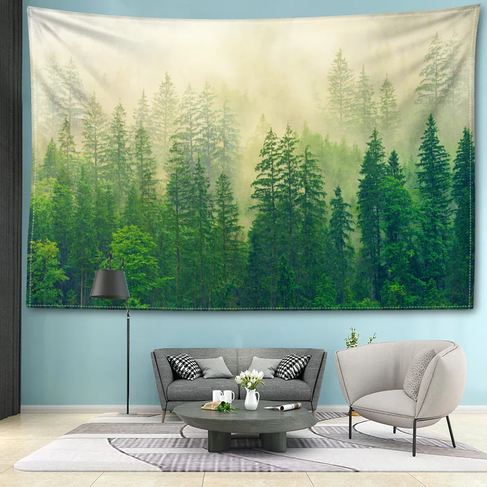 Nordic Hängender Wandteppich Dekoration 100% Polyester Gedruckte Nebelwald Landschaft Wandteppiche Inspirierende Bilder der Ruhe für Wohnzimmer Dekor