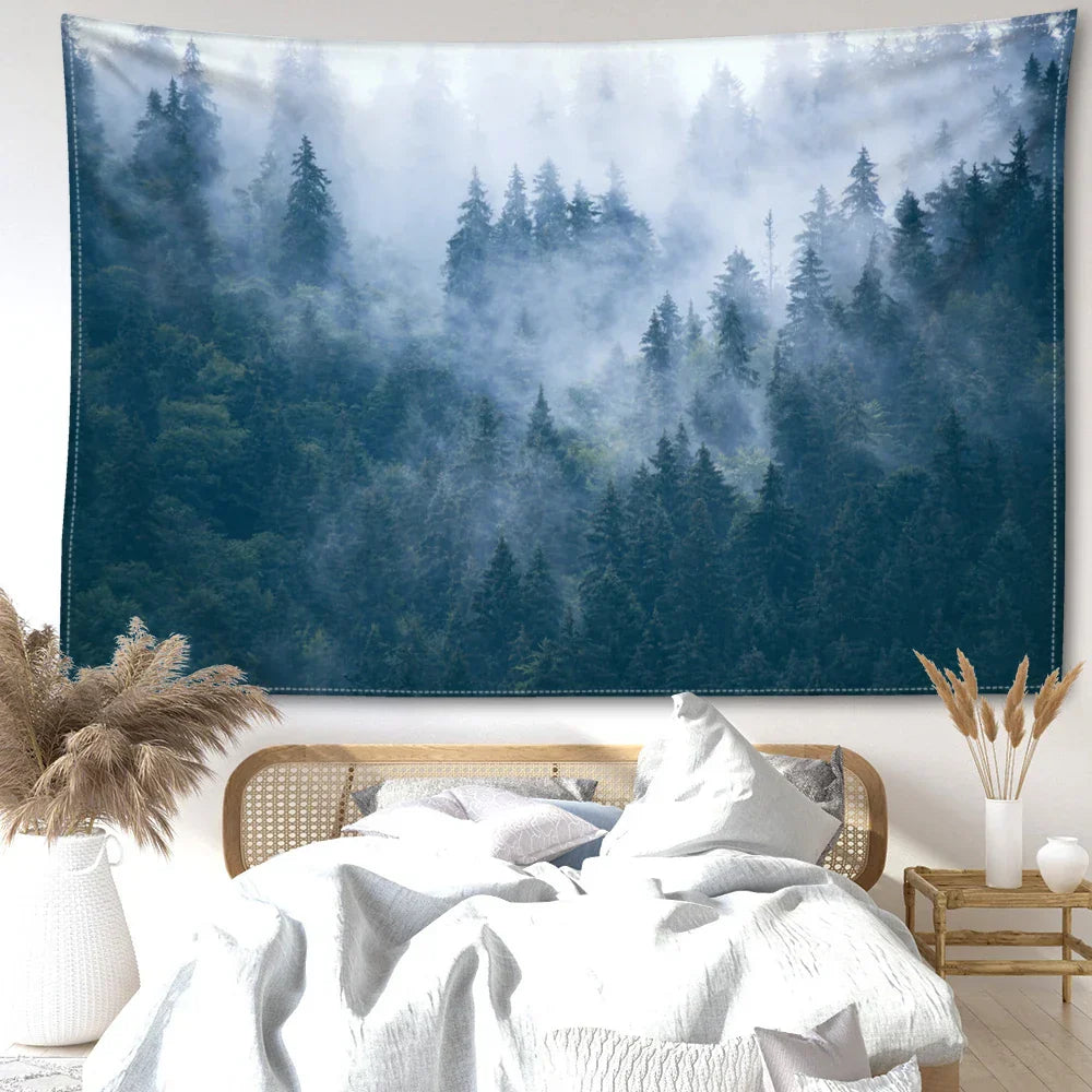 Nordic Hängender Wandteppich Dekoration 100% Polyester Gedruckte Nebelwald Landschaft Wandteppiche Inspirierende Bilder der Ruhe für Wohnzimmer Dekor