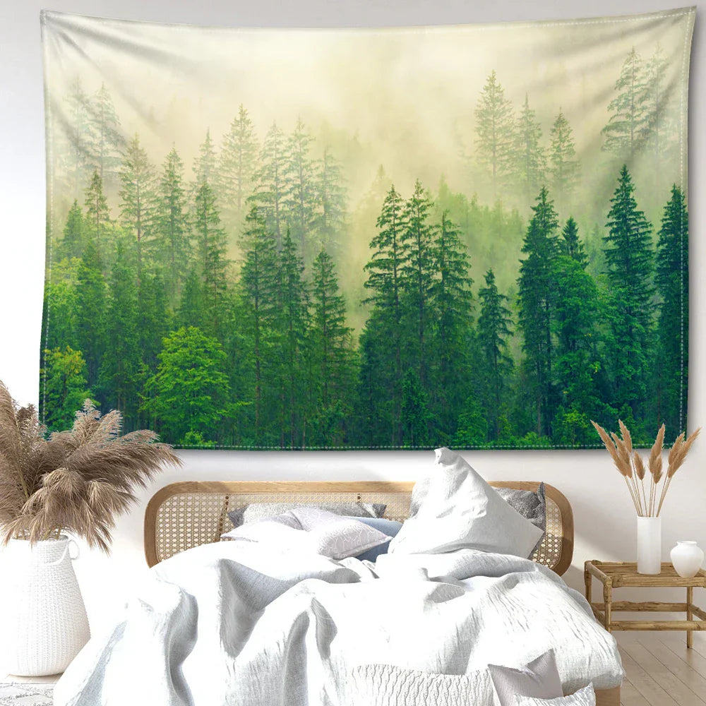 Nordic Hängender Wandteppich Dekoration 100% Polyester Gedruckte Nebelwald Landschaft Wandteppiche Inspirierende Bilder der Ruhe für Wohnzimmer Dekor