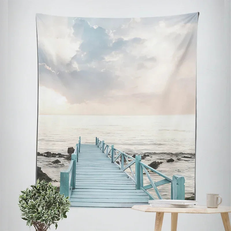 Nordic Hängender Wandteppich Dekoration 100% Polyester Bedruckte Meereslandschaften Sonne Meer & Sandstrand Blauer Himmel Wandteppiche Bilder von Ruhe für das Wohnzimmer
