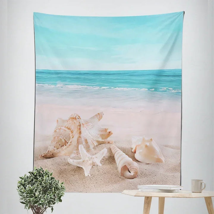 Nordic Hängender Wandteppich Dekoration 100% Polyester Bedruckte Meereslandschaften Sonne Meer & Sandstrand Blauer Himmel Wandteppiche Bilder von Ruhe für das Wohnzimmer
