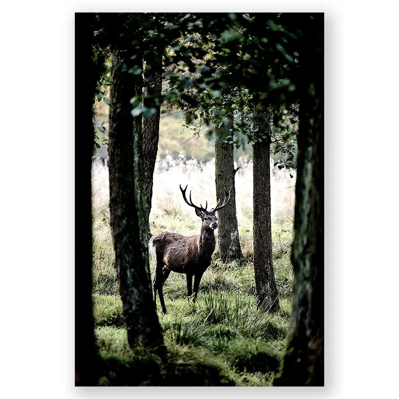 Nordic Winter Forest Deer Landschaft Wandkunst Fine Art Leinwanddrucke Galerie Wandbilder für Wohnzimmer Esszimmer Kunst für skandinavische Wohnkultur | Karnz