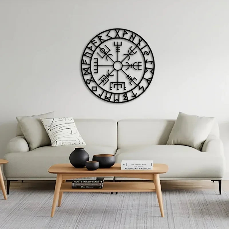 Norse Viking Runes Kompass Schwarze Metall Wandkunst 3D Eisen Handwerk Wandmontierte Nordic Plakette Für Wohnzimmer Esszimmer Kreative Home Decor
