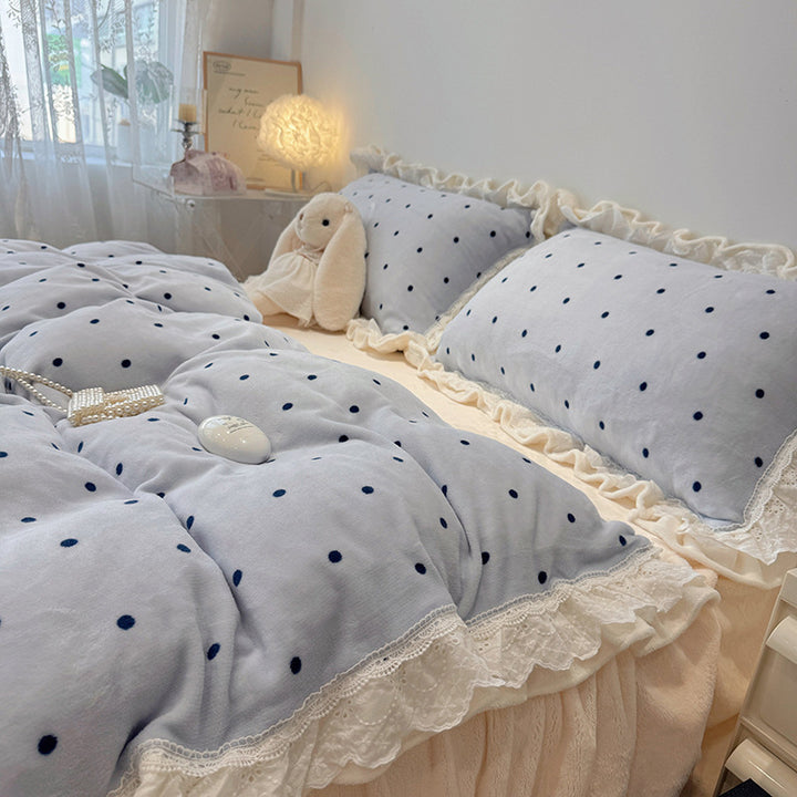 Vintage Cottage Polka-Dot Rüschenspitze Bettdeckenbezug & Kissenbezug Ensemble