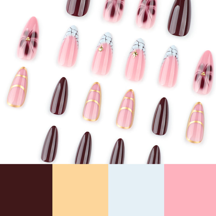 Kunstvolle Stiletto-Nägel mit Goldakzenten und dekorativen Blumenmotiven Karnz