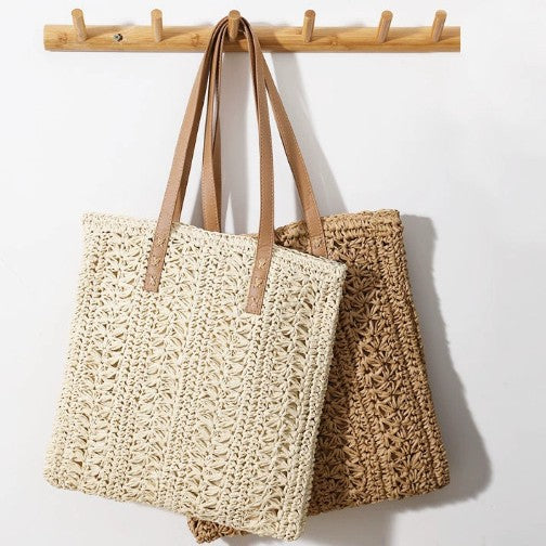 Damen Stylische Tragetasche aus geflochtenem Naturmaterial Karnz
