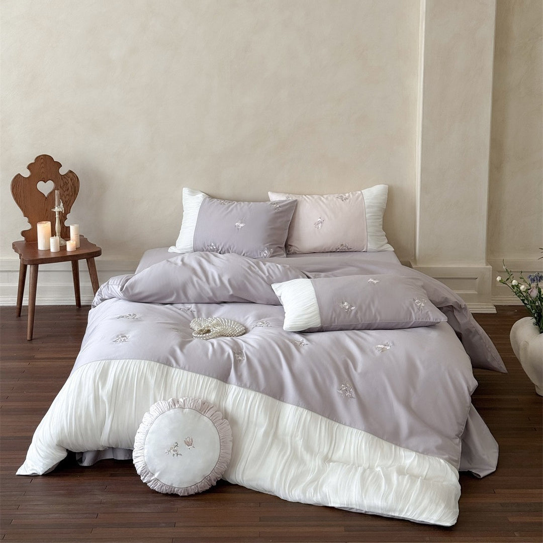 Besticktes romantisches plissiertes Baumwollsatin Bettbezug-Set