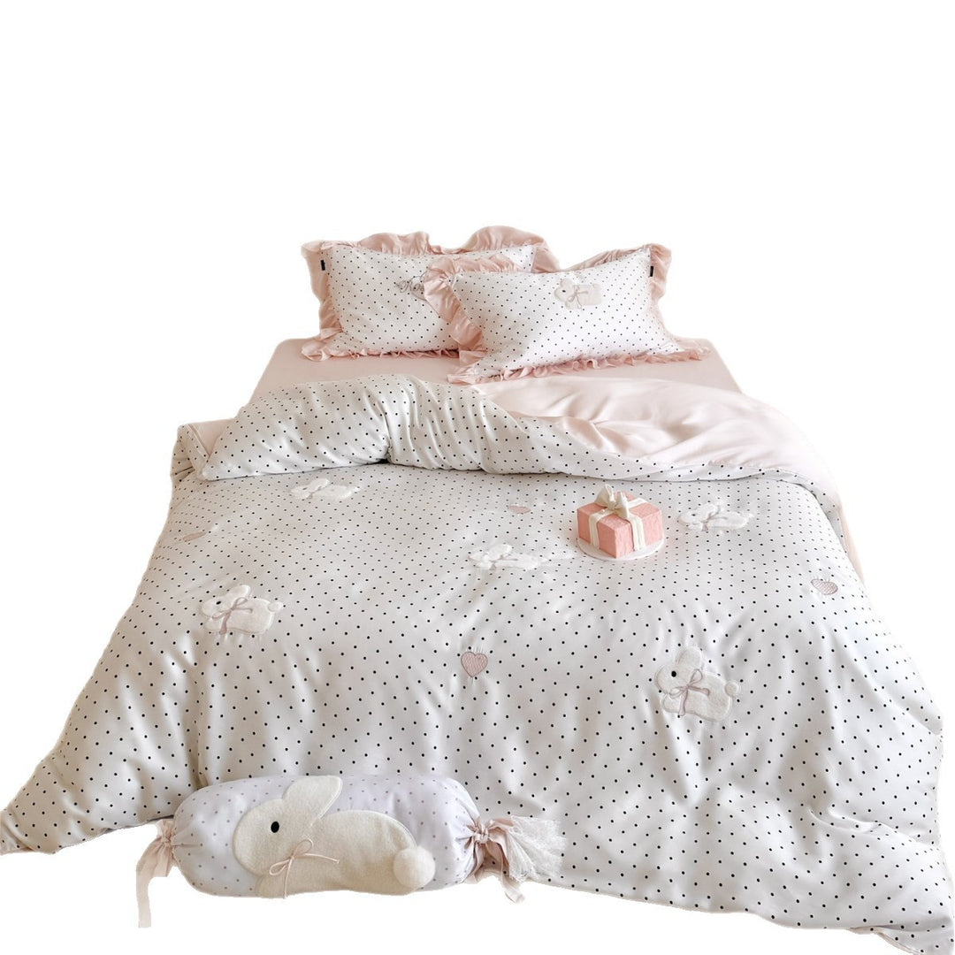 Polka Dot Bestickte Bunny Baumwollsatin Bettbezug Set