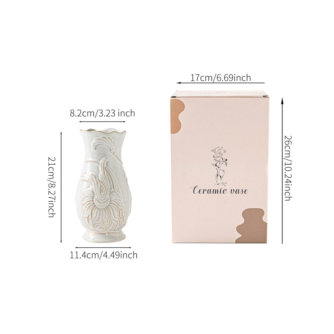 Gravierte Keramiktasten-Vase mit Wellenkante und floralem Relief
