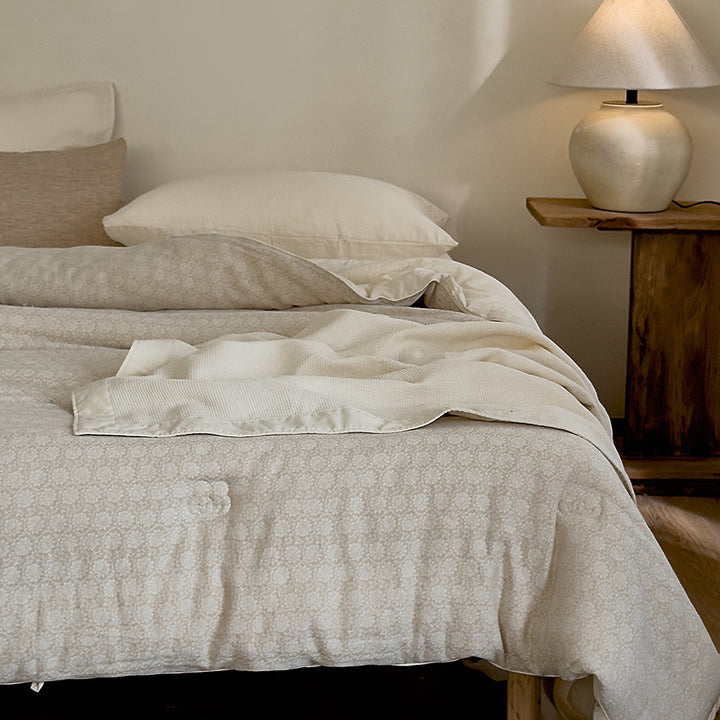 Textured Cotton Sateen Duvet Cover Set with Subtle Floral Jacquard and Button Closure