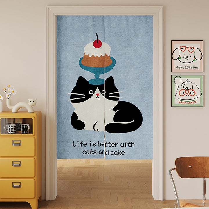 Split Noren Doorway Curtain with Cat-on-Sofa Illustration and Playful Yarn Motif