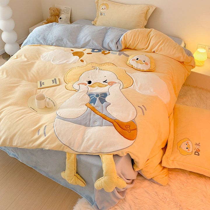 Plüsch Cartoon Ente Flanell Bettwäsche Set