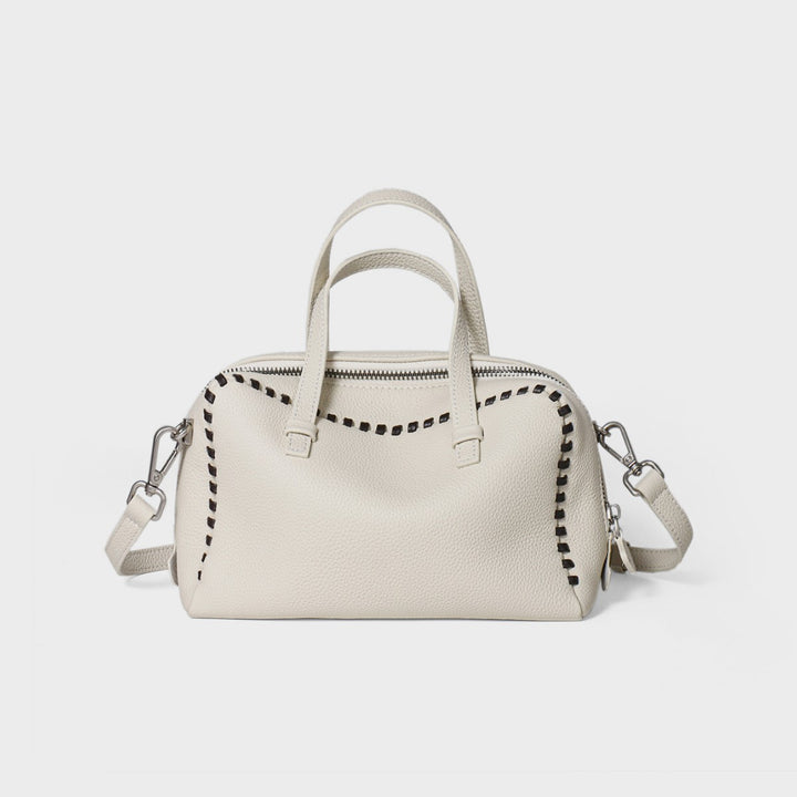 Gepunktetes Leder Top-Handle Crossbody Satchel mit Whipstitch-Besatz