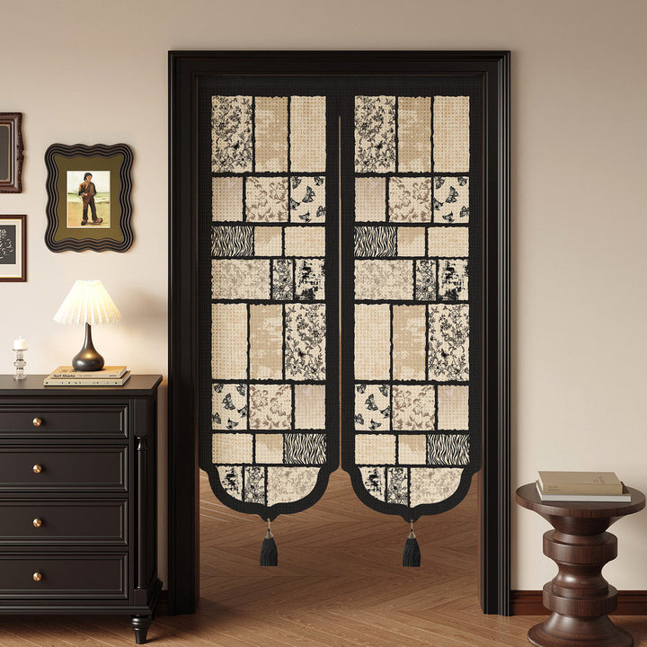 Botanical Patchwork Split-Panel Noren Doorway Curtain with Weighted Tassels