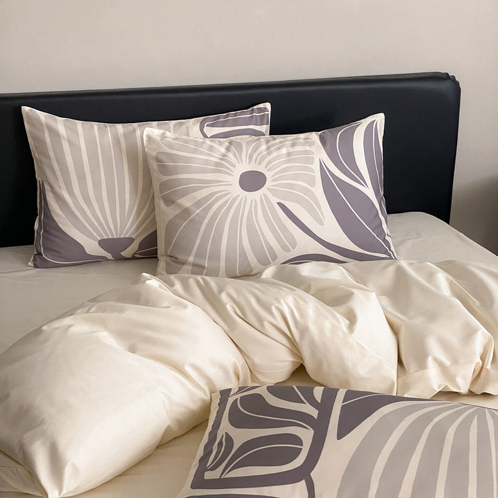 Satin-Feel Mikrofaser Bettbezug Set mit abstraktem botanischen Druck und Umschlagkissenbezügen