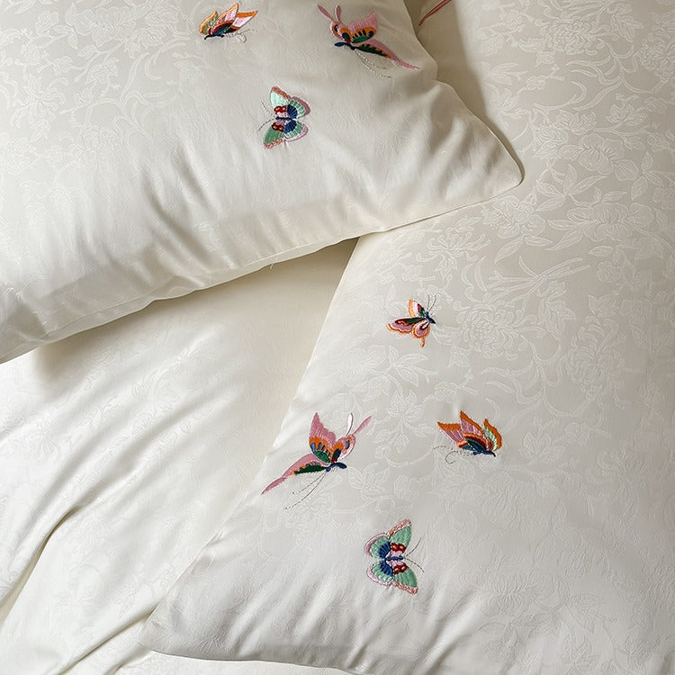 Satin-Jacquard Bettwäsche-Set mit bestickten Schmetterlingsdetails