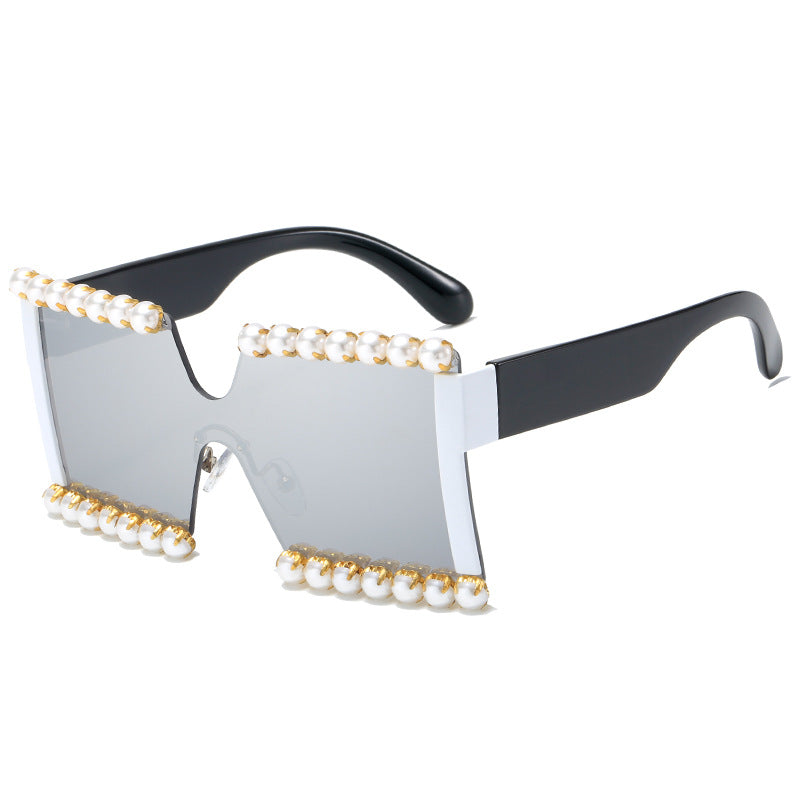 Damen extravagante Rechteck-Sonnenbrille mit Perlenschmuck und UV-Schutz Karnz