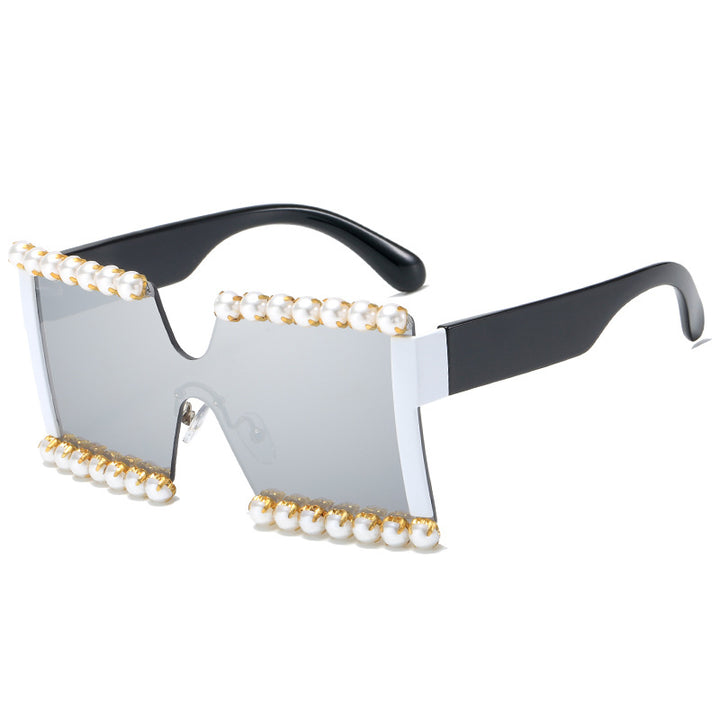 Damen extravagante Rechteck-Sonnenbrille mit Perlenschmuck und UV-Schutz Karnz