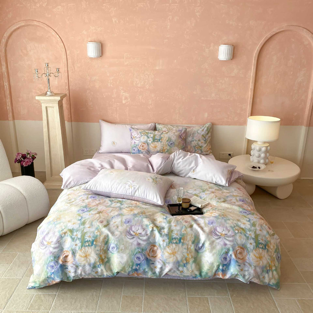 Luxoriöses florales Bettbezug-Set mit umkehrbarem einfarbigem Laken und Kissenbezügen