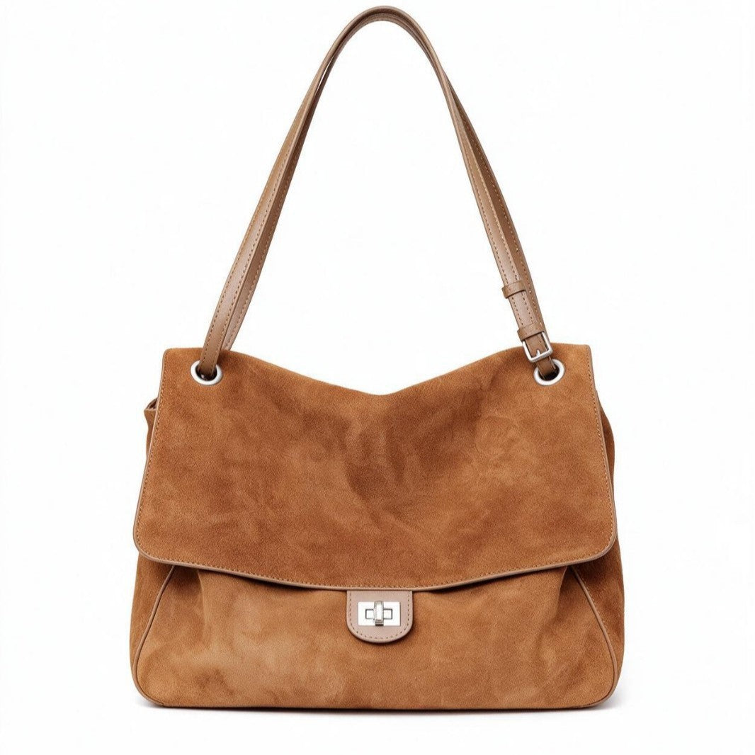 Suede Schulter Tote Bag mit Klappe und Drehverschluss