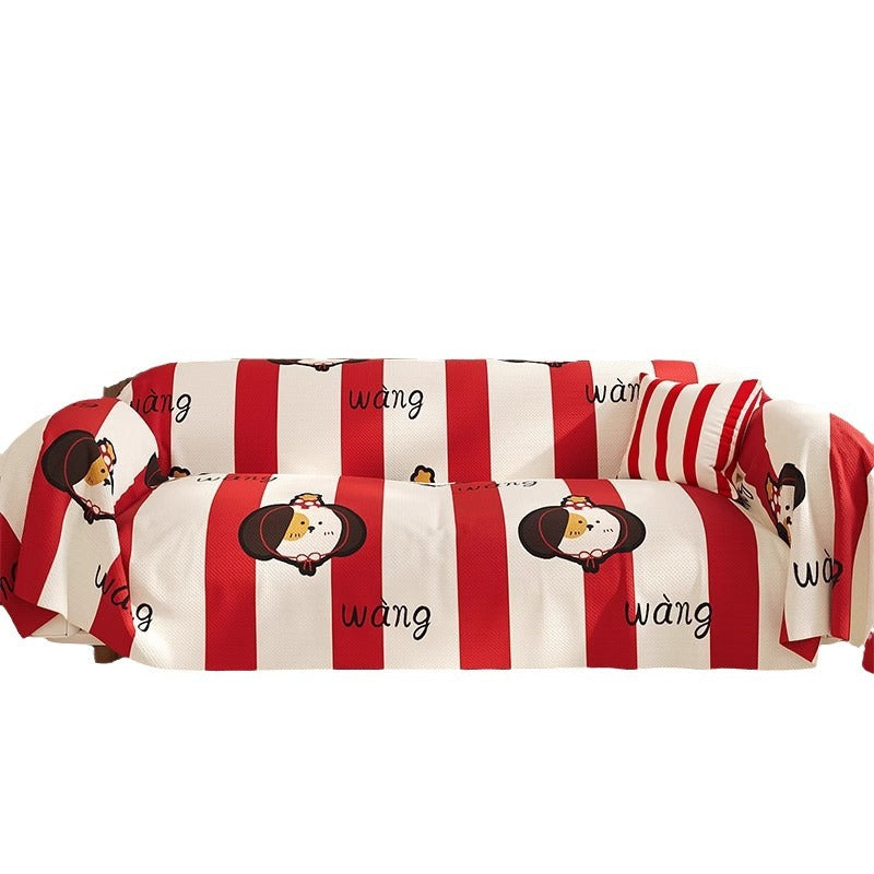 Striped Cartoon Dog Stretch Sofa Slipcover Protective Throw