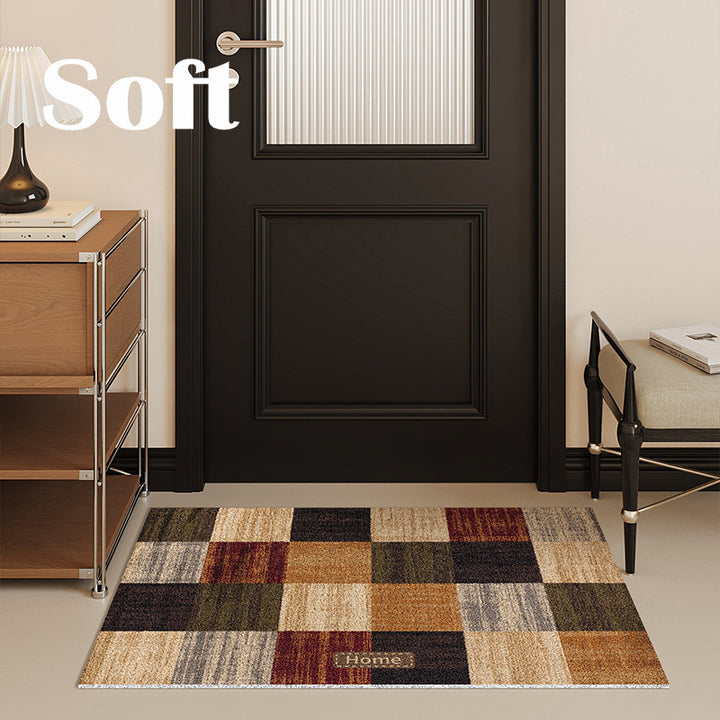 Decorative Absorbent Non-Slip Entrance Doormat with Patchwork Plaid Pattern and 'Home' Embossed Accent