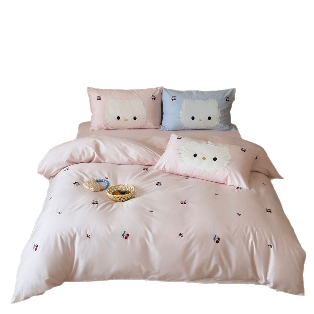 Niedliches besticktes Bettwäsche-Set mit Katzenapplikation und Kirschenmotiv Karnz