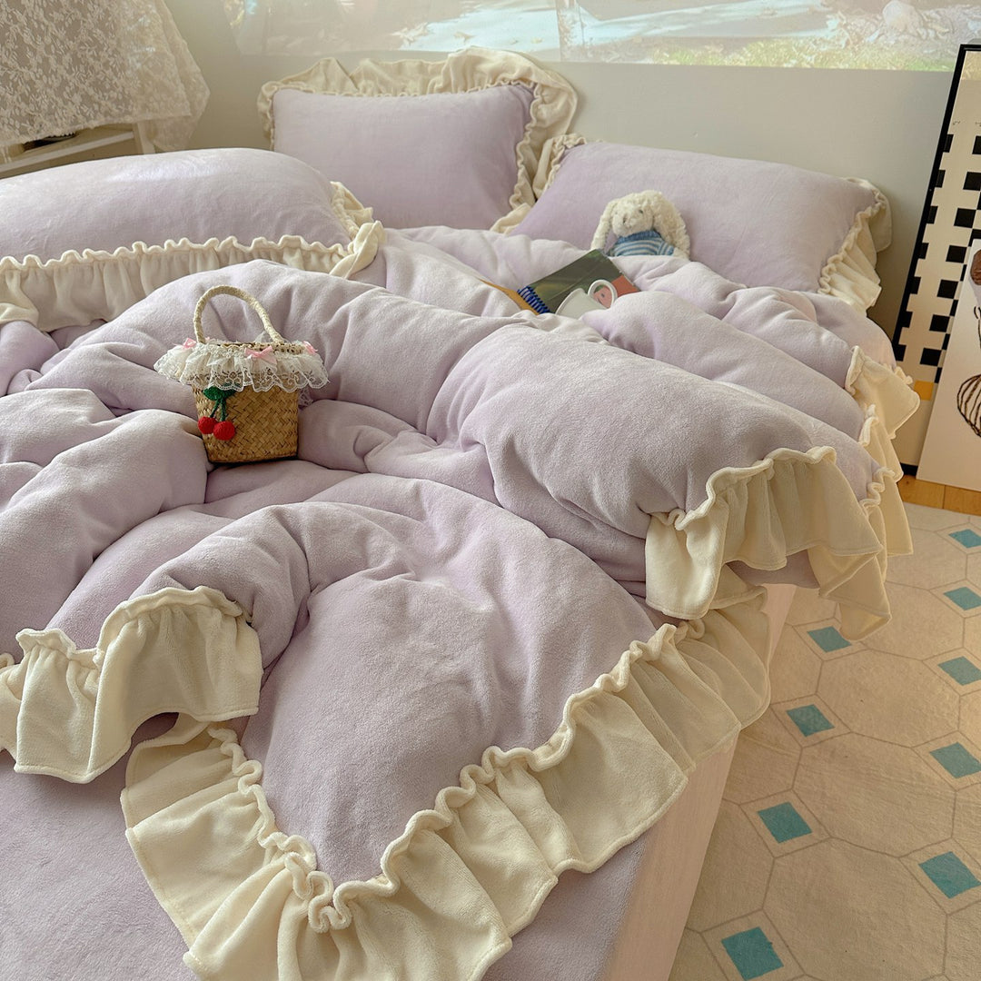 Plüsch Rüschen Ge quiltete Bettdecke Duvet Set mit Fransen Kissenbezügen